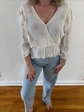 Light Cream Floral Wrap Peplum Blouse